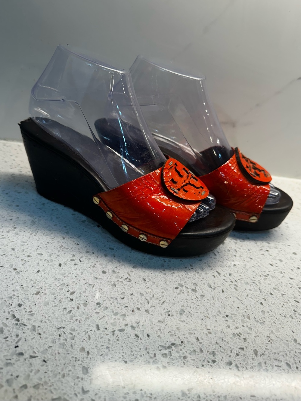 Tory Burch Orange Croc-Embossed Platform Wedge Slides